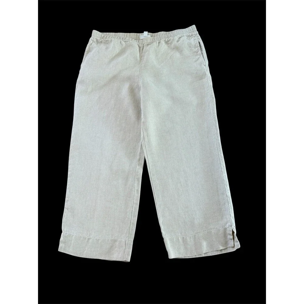 J Jill Pants SZ Medium Sand Dune All Linen Pull On Elastic Waist Wide Leg Casual - Picture 8 of 8